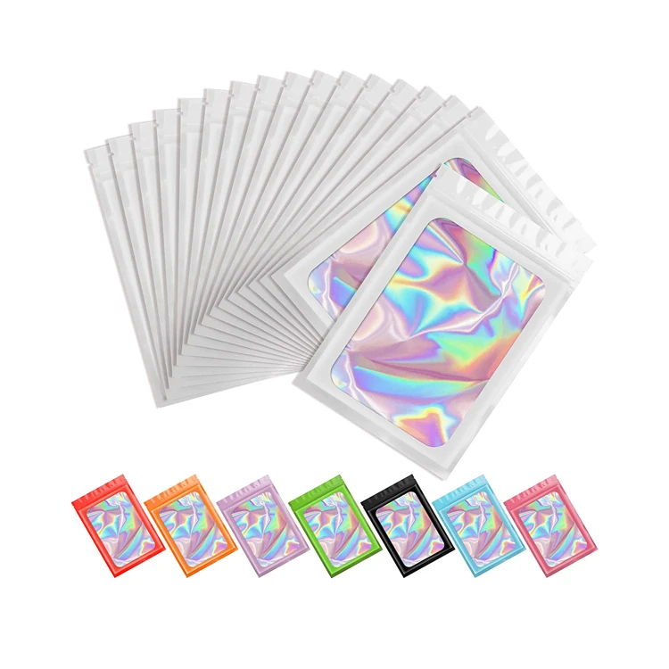 Holographic Iridescent Packing Mylar Bag with Clear Window Ziplock Laser Pouch Food Storage Sealable Flat Plastic Bag