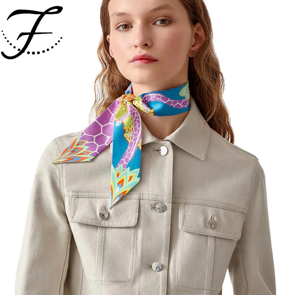 FIONA Custom 2022 Wholesale Summer Giraffe Decorations Narrow Handbag Handle Wrap Colourful Women Hair Silk Neckerchief Scarf