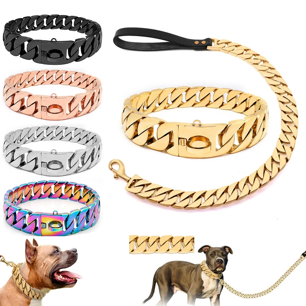 Luxury Gold Collares Big Dog Chains Pet hip hop leads kit Dog collars choke necklace Collar Leash Bully link Cuban dog Chain