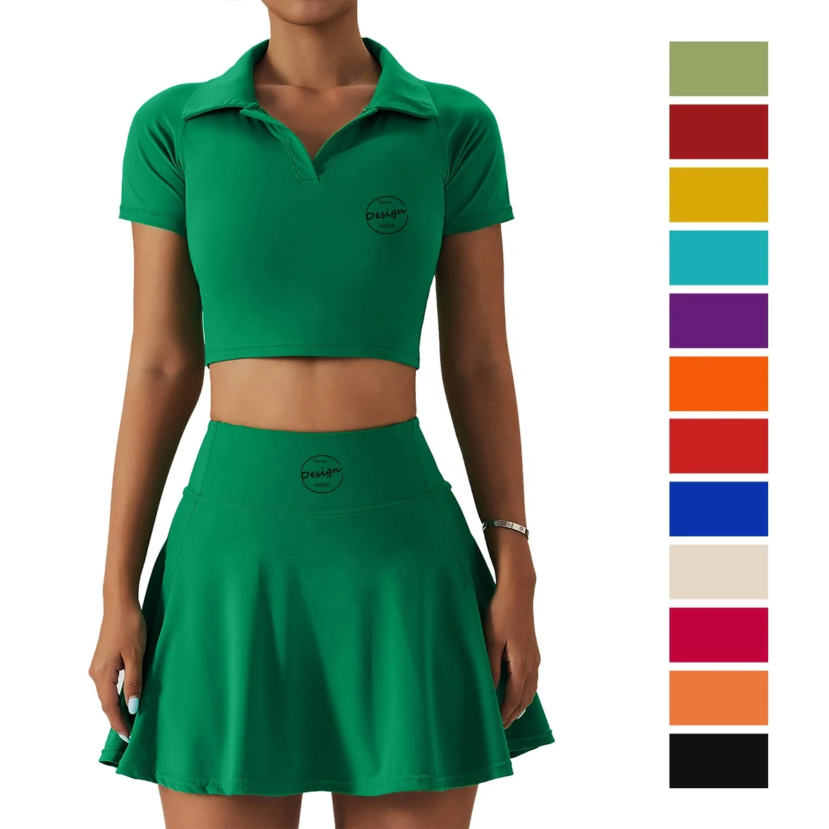 2 Pieces Sports Tennis Golf Outfit Set Polo Neck Short Sleeve T-shirt and Built-in Skirt Set Womens Fitness Gym Set Yoga Wear