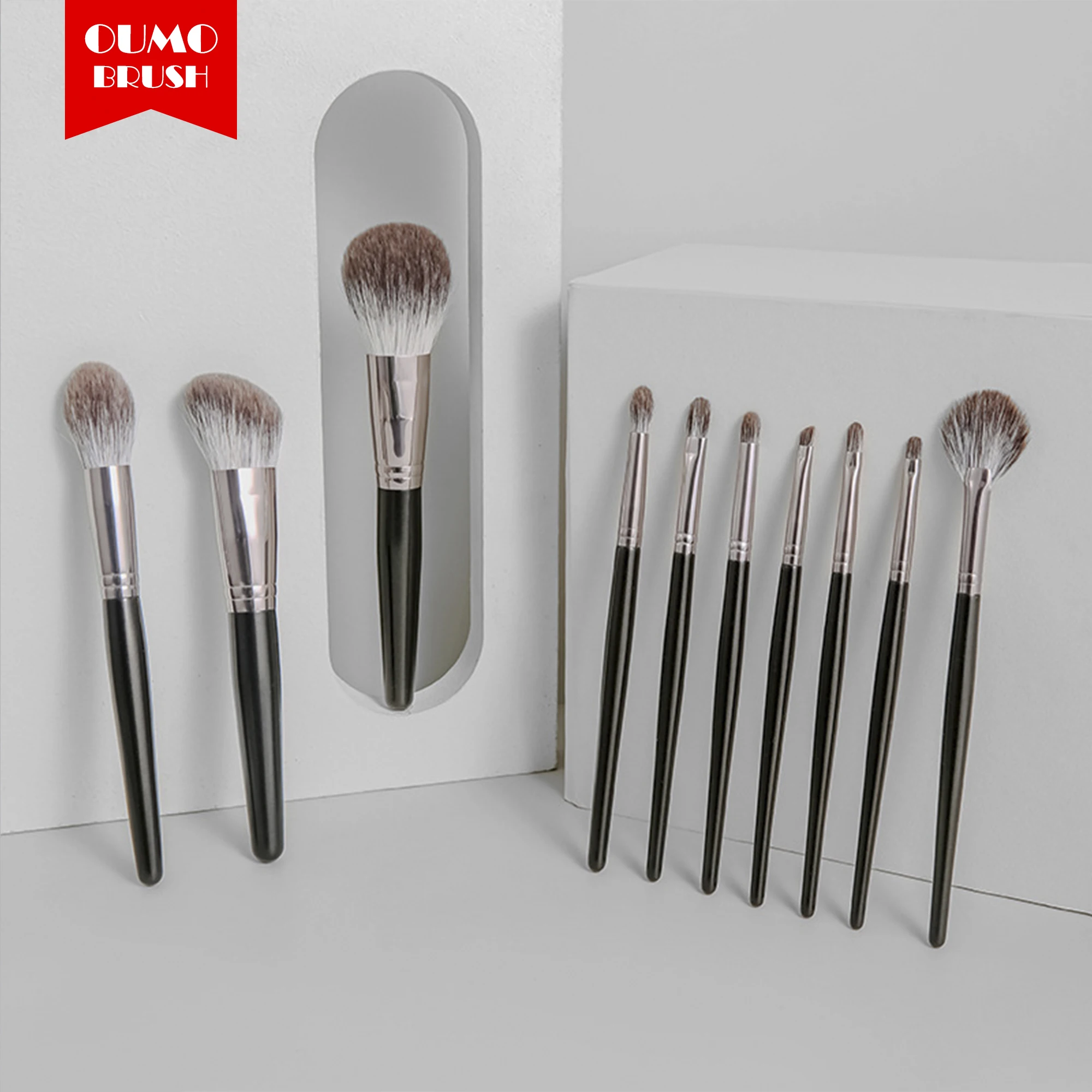OUMO BRUSH--10pcs luxury very soft snow fox real hair makeup brush set personalozid  manufacturer private label makeup brushes