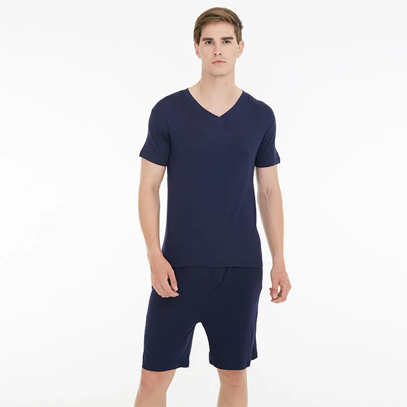Летняя мужская одежда LYX025, пижамы из модала с V-образным вырезом, пижамы, костюмы, повседневная одежда для отдыха с коротким рукавом, однотонная