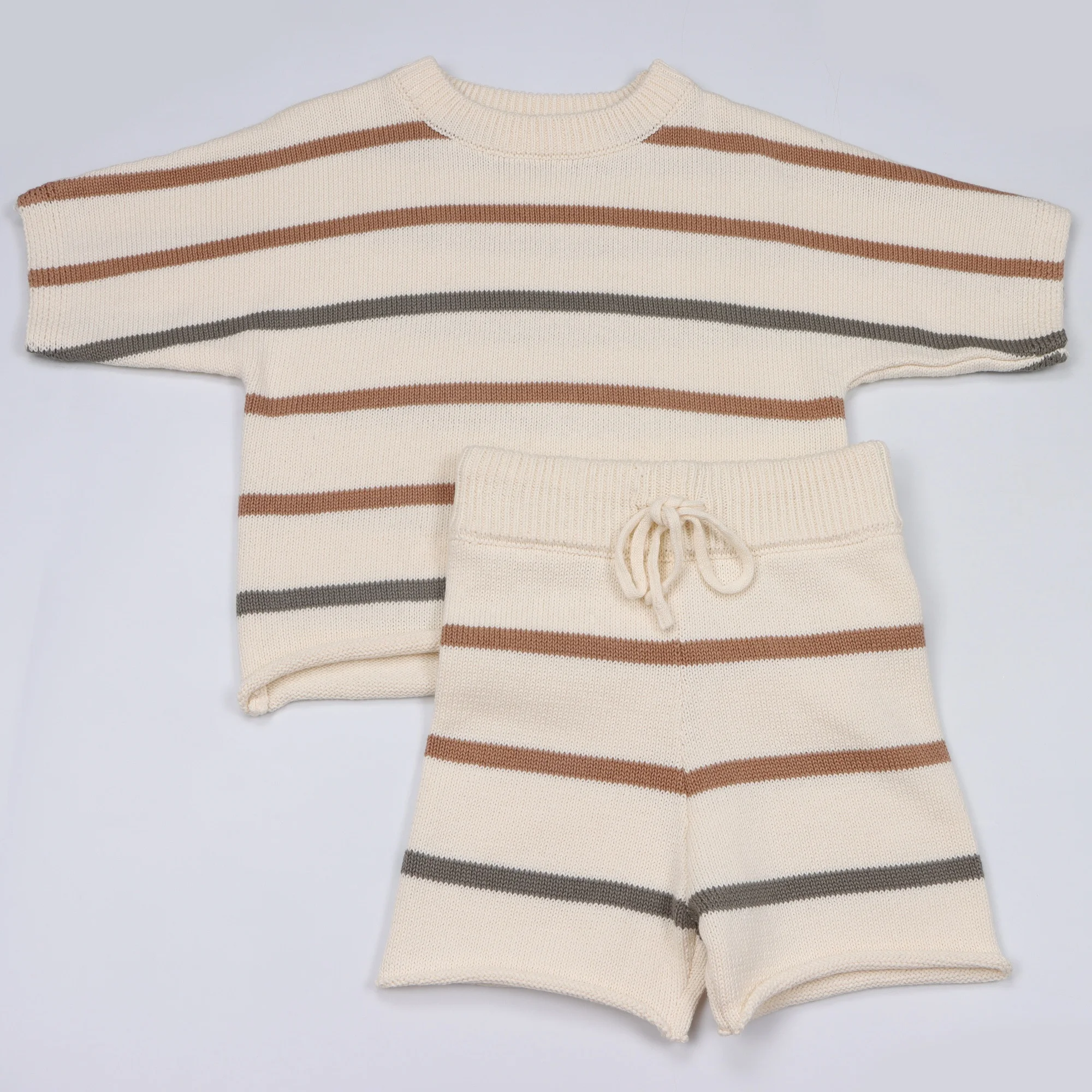 Custom Striped Short Sleeve Knitting Baby Chunky  Cotton Sweater Set Crew Neck Toddler Baby Boys clothing Set Toddler Clothes
