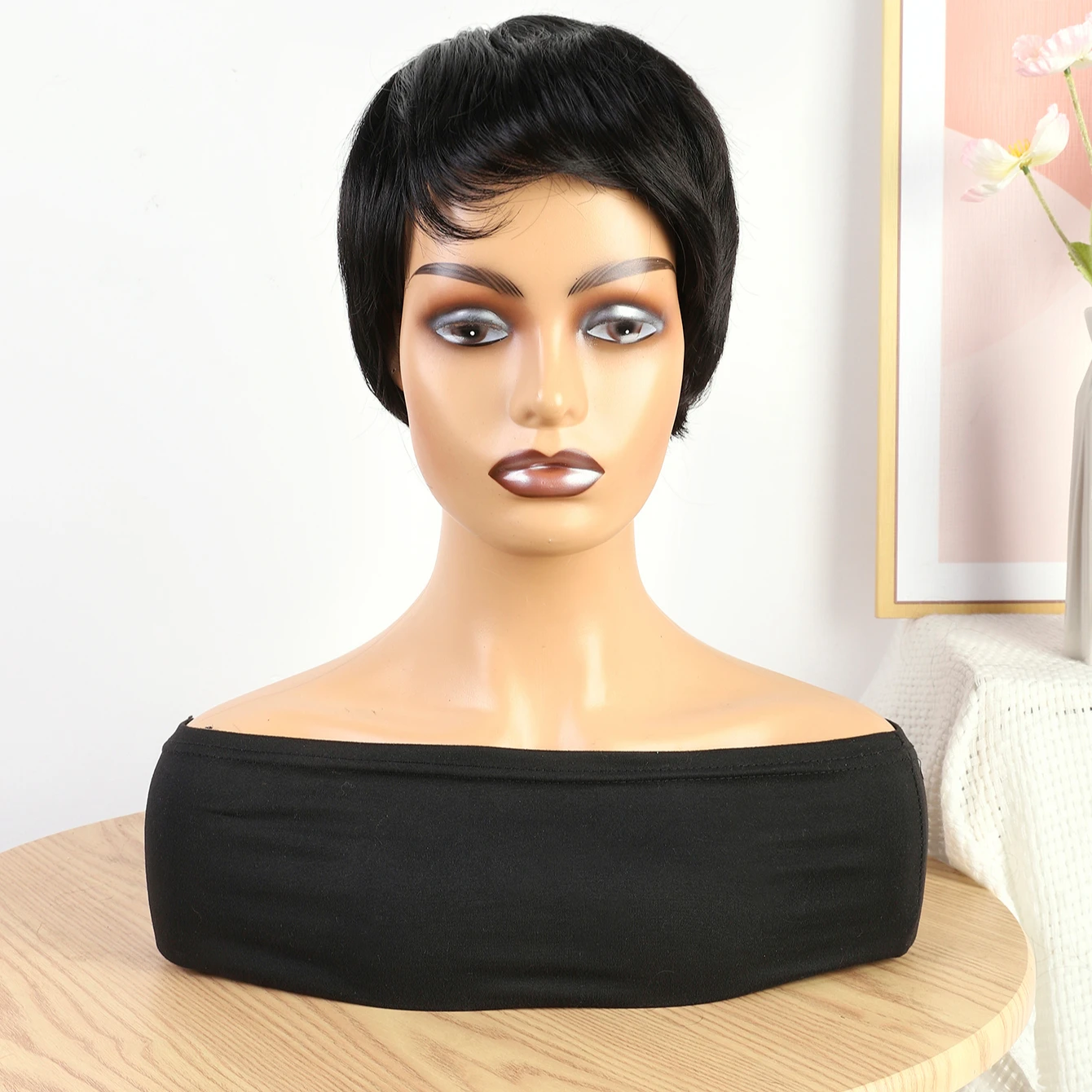 headwear Short Black Synthetic Hair Wig 9 Inch Women Hair Wig with Bangs