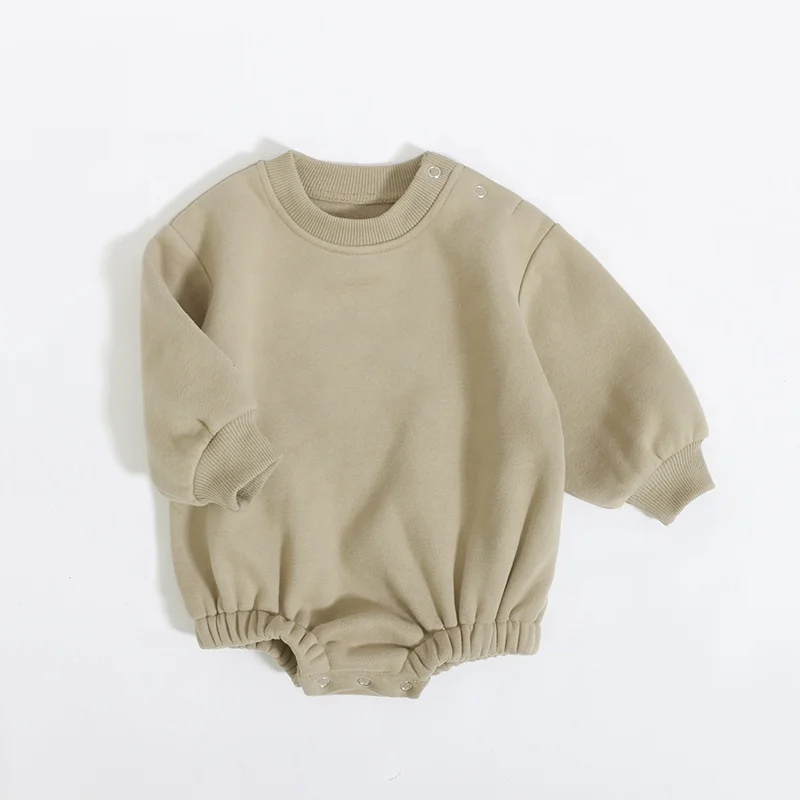 Wholesale Long Sleeve Solid Colour Round Neck Fleece French Terry Bubble Heavy Winter Baby Romper
