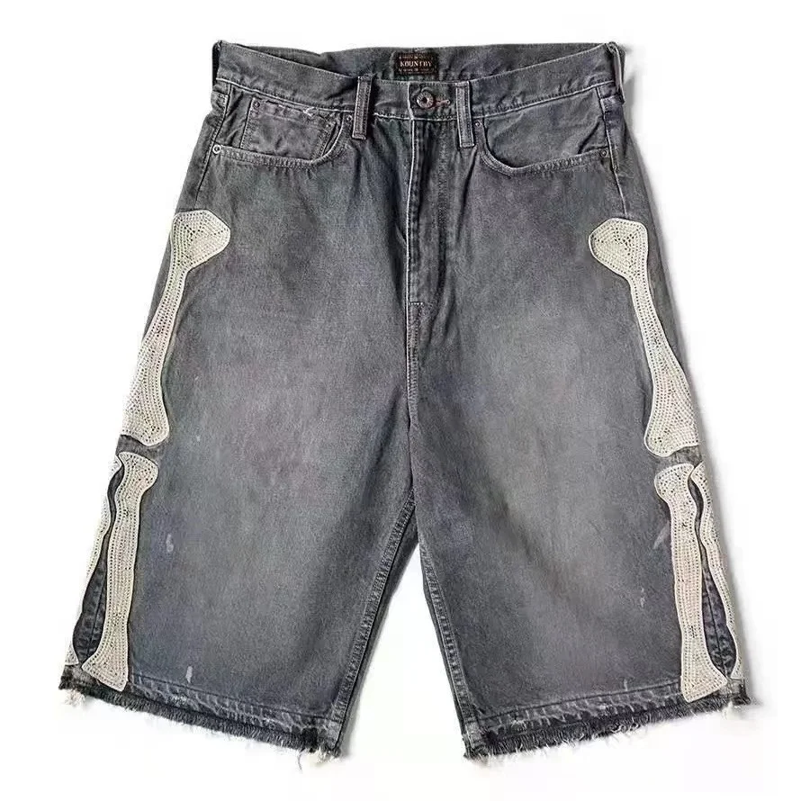 Custom men denim shorts with patch vintage washed blue jean shorts Y2K jeans with embroidery leather patch