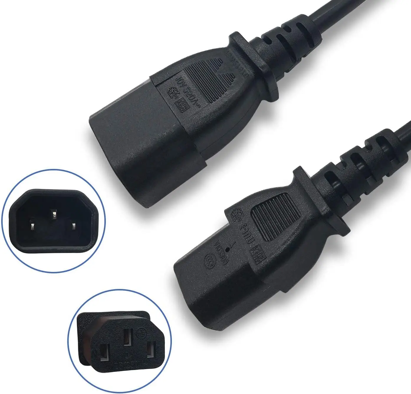 PVC 1m (3ft) 2M 3M Extension Power Cord, C14 to C13/C15, 10A 125V, 18AWG, Computer Extension Power Cord