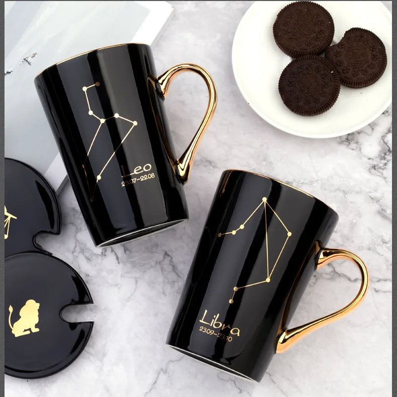 Cheap Price  White Black 12 Constellations Gold Pattern Ceramic Coffee Mug With Lid Spoon And Gold Handle For Souvenir