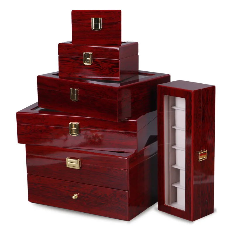 Hot Selling 3 Slots Glossy Mahogany Lacquer Solid Wood Watch Bracelet Packaging Storage Box With Glass Lid