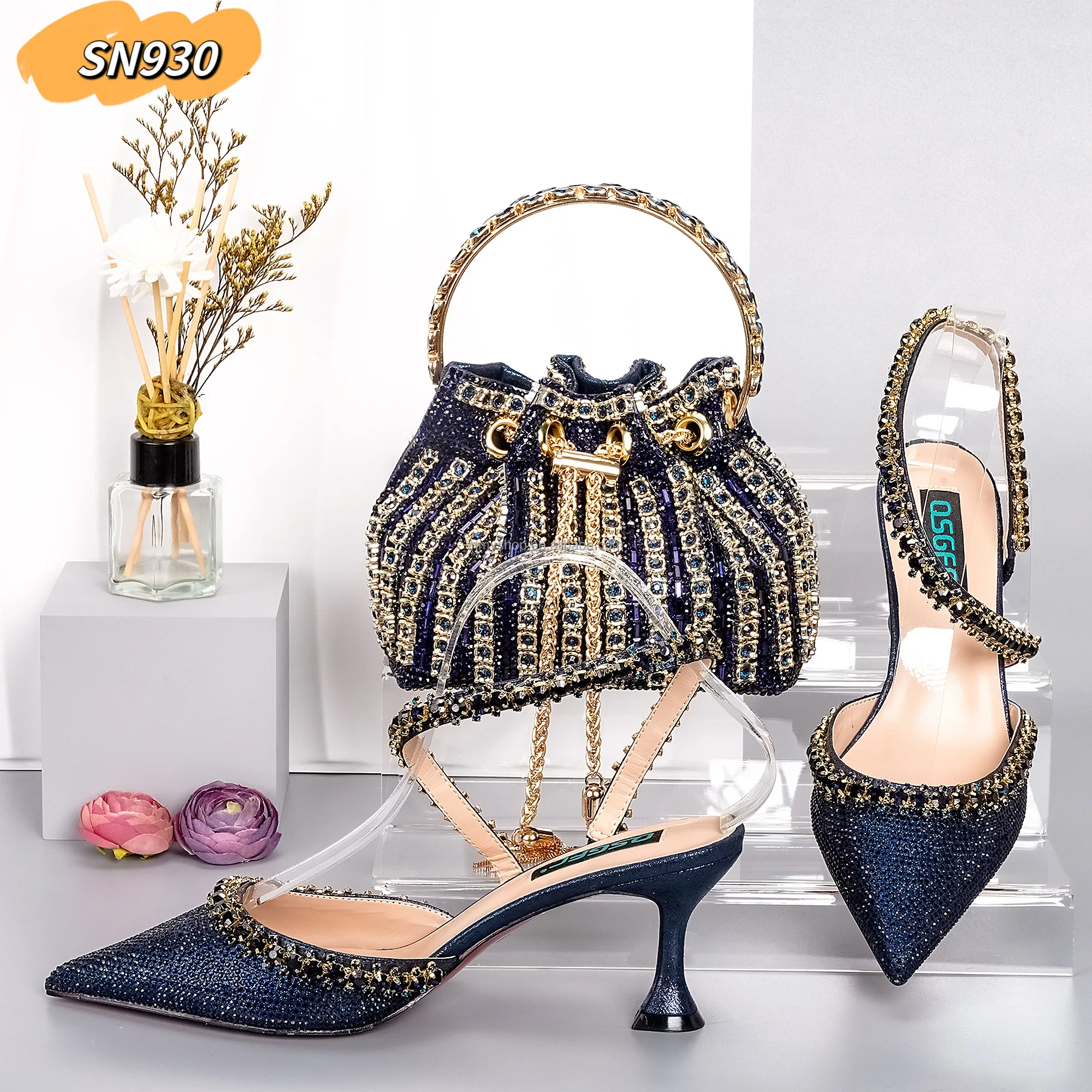 Royal blue Italian Decorated With Crystal Shoes And Bags Set Hot Selling African Woman Shoes And Bag To Match Set For Big Party