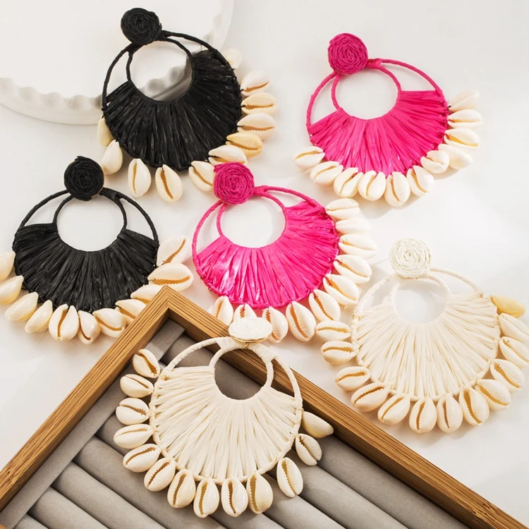 XD-17 Beach Women Ear Jewelry Trendy Wholesale Woven Braided Raffia Natural Shell Stud Earrings For Girls