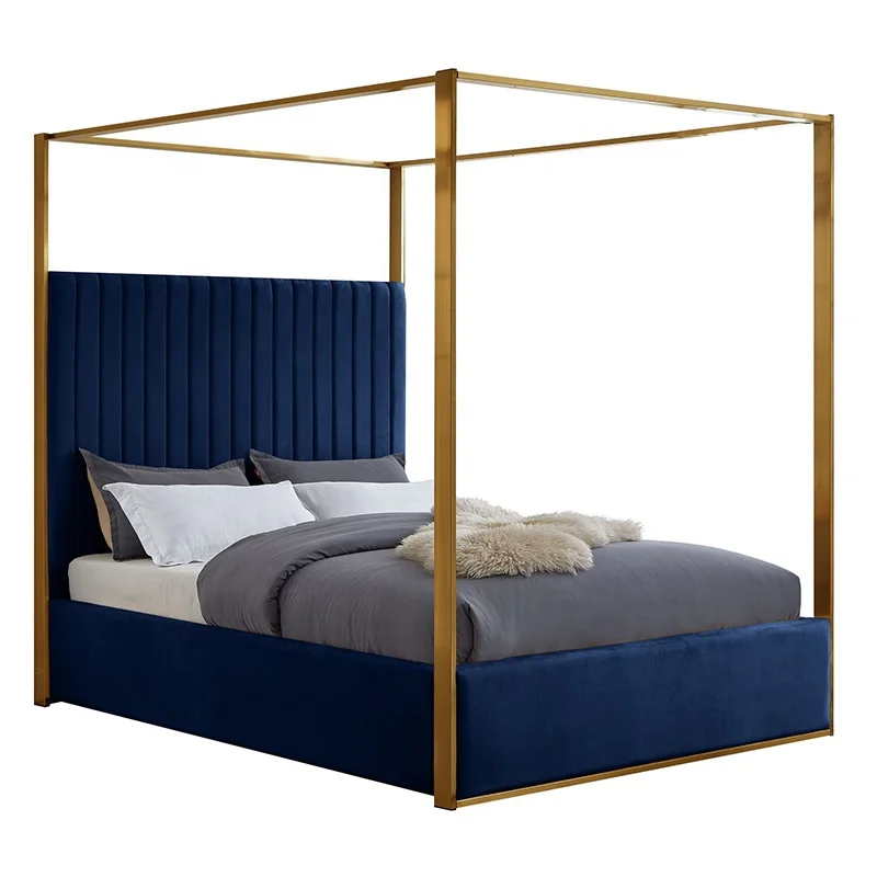 Luxury gold metal wood upholstered canopy bed frame queen size bedroom furniture