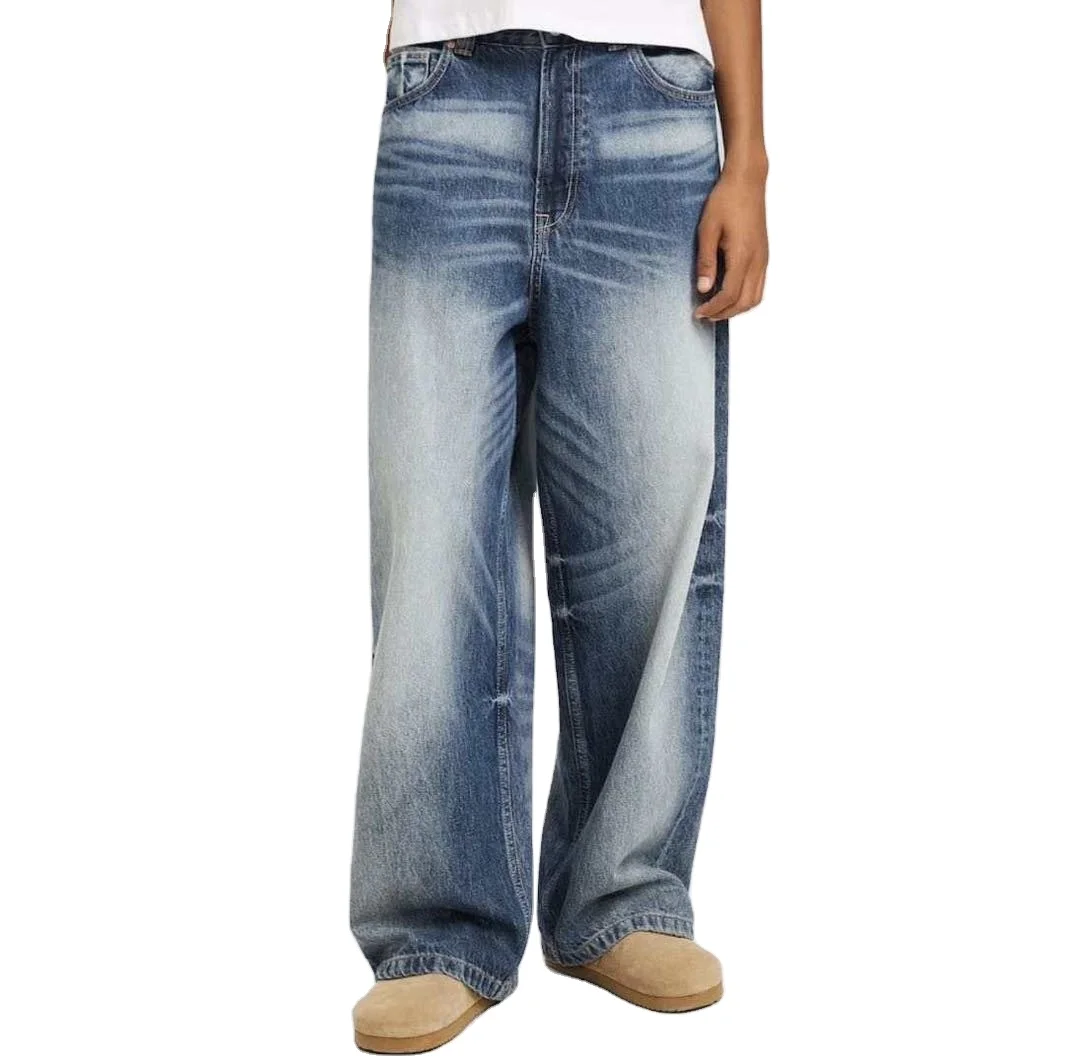 Ds Denim Manufacturer Men Blue Washed Stacked Baggy Jeans Urband Wear Men Denim Pants Streetwear Skater Wear Clothing