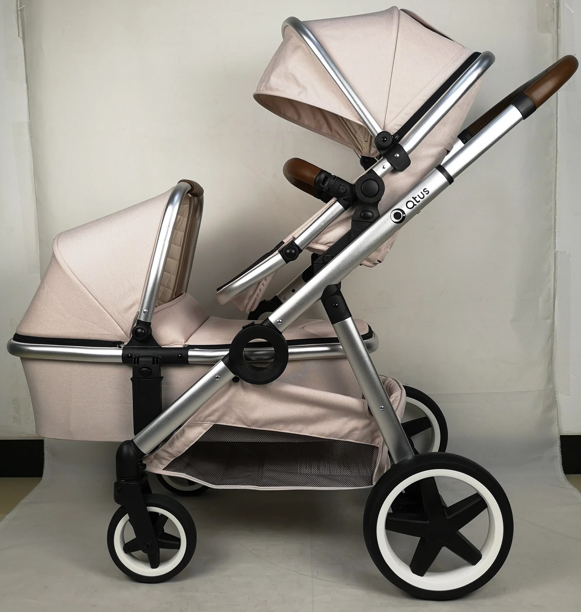 QTUS DuetPro Twin Stroller, Rides is double, fold like a single, Grows with your family, Easy-access storage basket, Pink