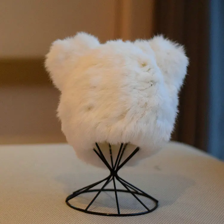 New arrival custom Woman Winter Real Rabbit Fur Beanie Hats animal Cat ears warm winter cap for girls