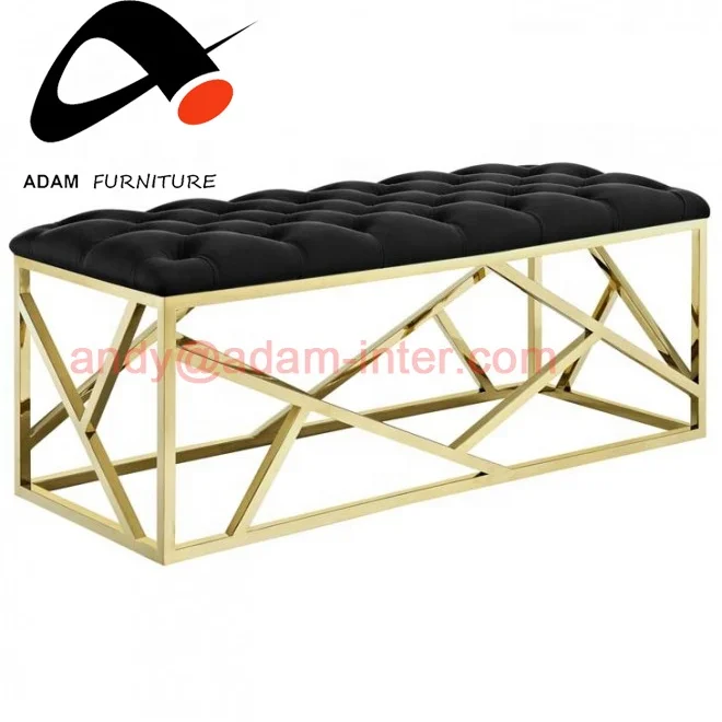 Hot Selling Modern Black Velvet Tufted and Gold Geometric Base Bench