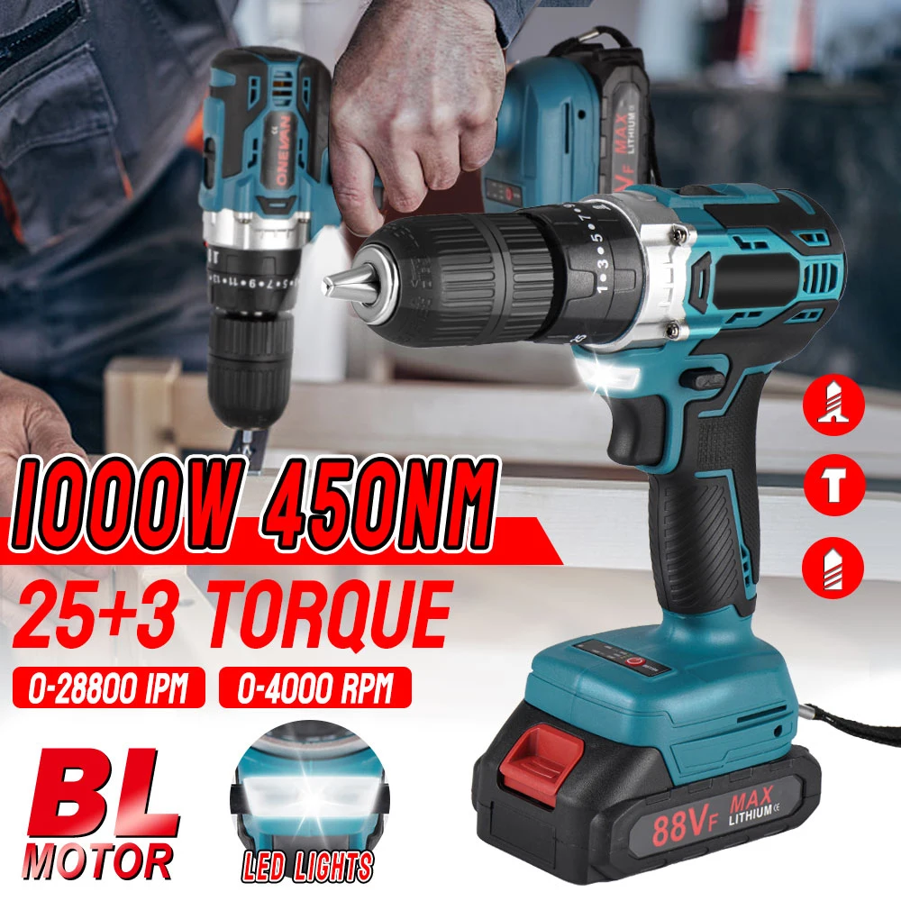 25+3 Torque Brushless Electric Hammer Cordless Impact Drill Electric Screwdriver 3 in 1 13mm No Battery DIY 18V Brushless Motor