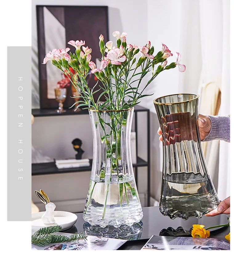 Modern home decor glass water bottle grey transparent flower vase for Home Decor Wedding or Gift