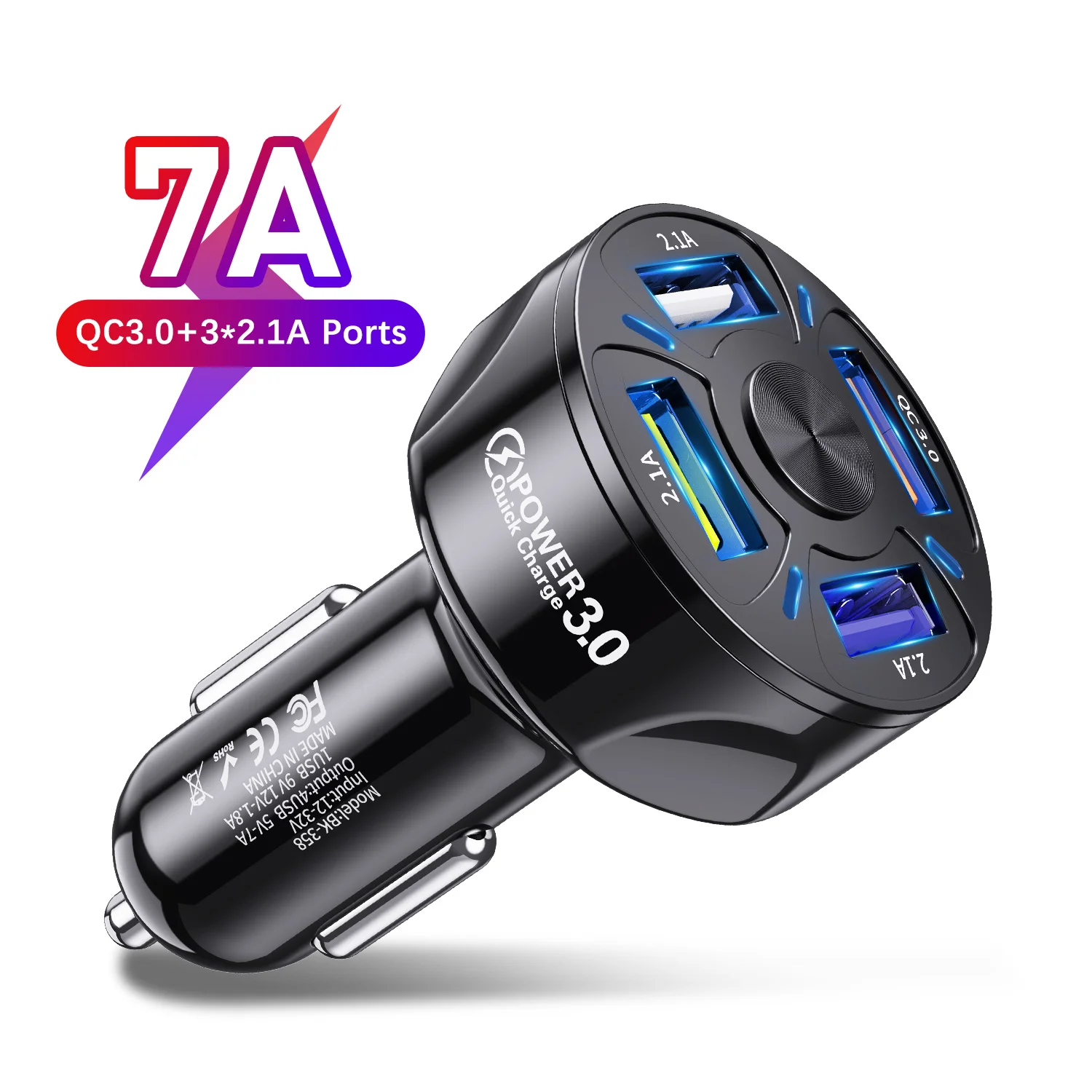QC3.0 Fast Charging 7A 4in1 Car Charger 4 USB Ports Car Phone Charger 35W Electric USB Car Charger