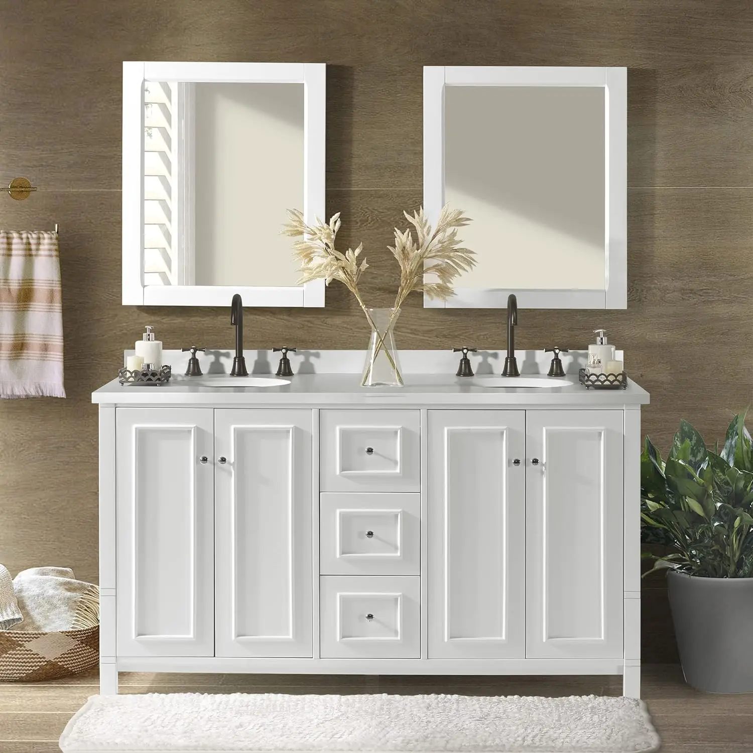 60 Inch MDF White Cabinet Solid Wood Bathroom Vanity Double Sink Free Standing Bathroom Furniture
