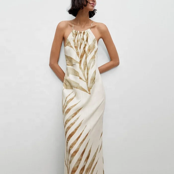 Tong Rui S22 FLowing Fabric Halter neck Strappy Two Back Vents with Lined Palm Tree Print Long Dress
