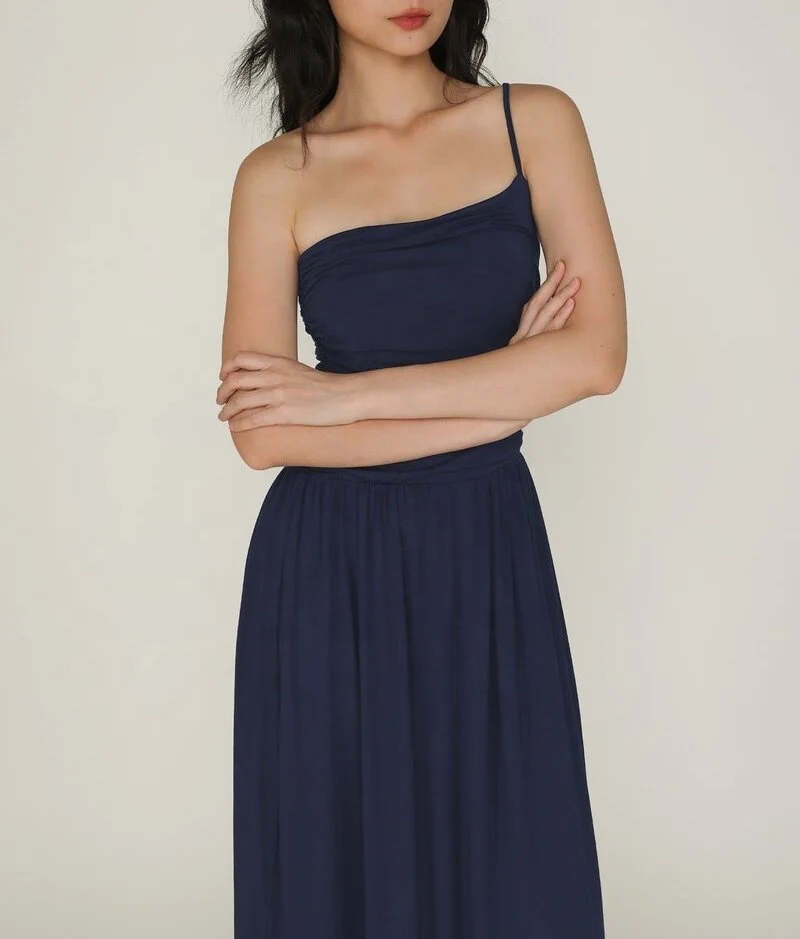 2024 Custom Dark Blue Charm Sleeveless One-Shoulder Spaghetti Strap Pleated Clothing Elegant Drape Slim Woman Dresses Daily Wear