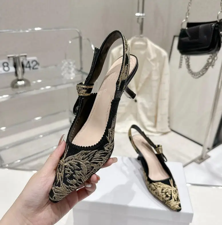 Lace Embroidery New Hollow Pointed Female Sandals Low Heels Letter Bow Sexy Bun Back Empty Low Heels Ladies Shoes