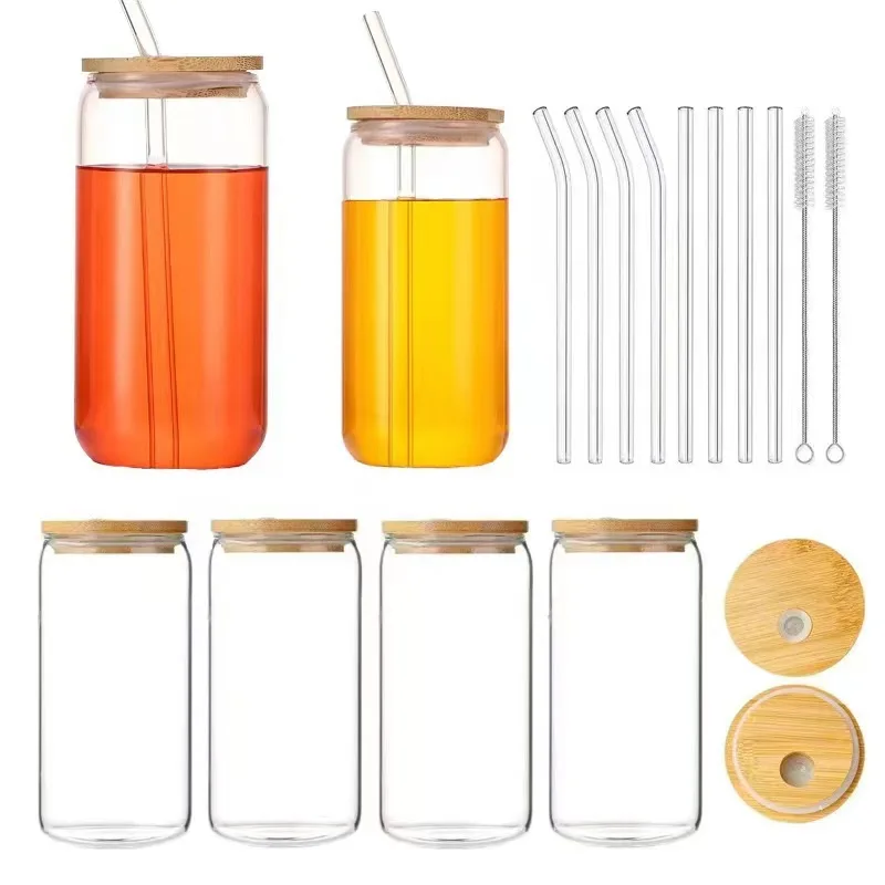Boba Tea Water Beer Can Shaped Drinking Glasses 12oz 16 oz Glass Cups with Bamboo Lid and Straw