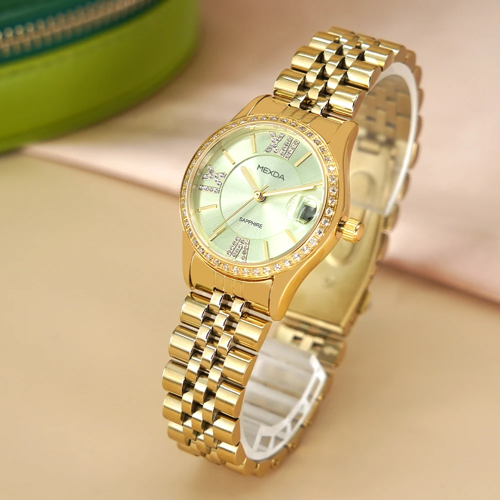 Mexda Customised Hot Selling Fashion Vintage Stainless Steel Quartz Roman No Watch for Women Diamond-Studded Bling Relojes