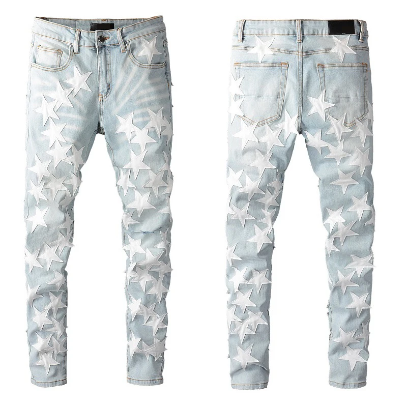 New Style  High Street high quality mens skinny star leather jeans men denim plus size pants & jeans