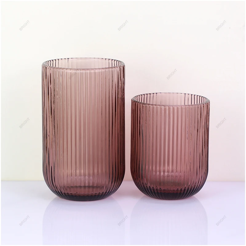 Wholesale Luxury Strip Glass Candle Jar 7oz 12oz Colorful Empty Ribbed Candle Holder With Bamboo Wood Lid