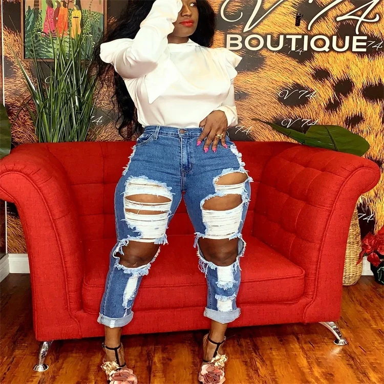 2021 New Fashion Good Quality Spring And Summer Blue Denim Net Straight Big Hole Beggar Women Jeans