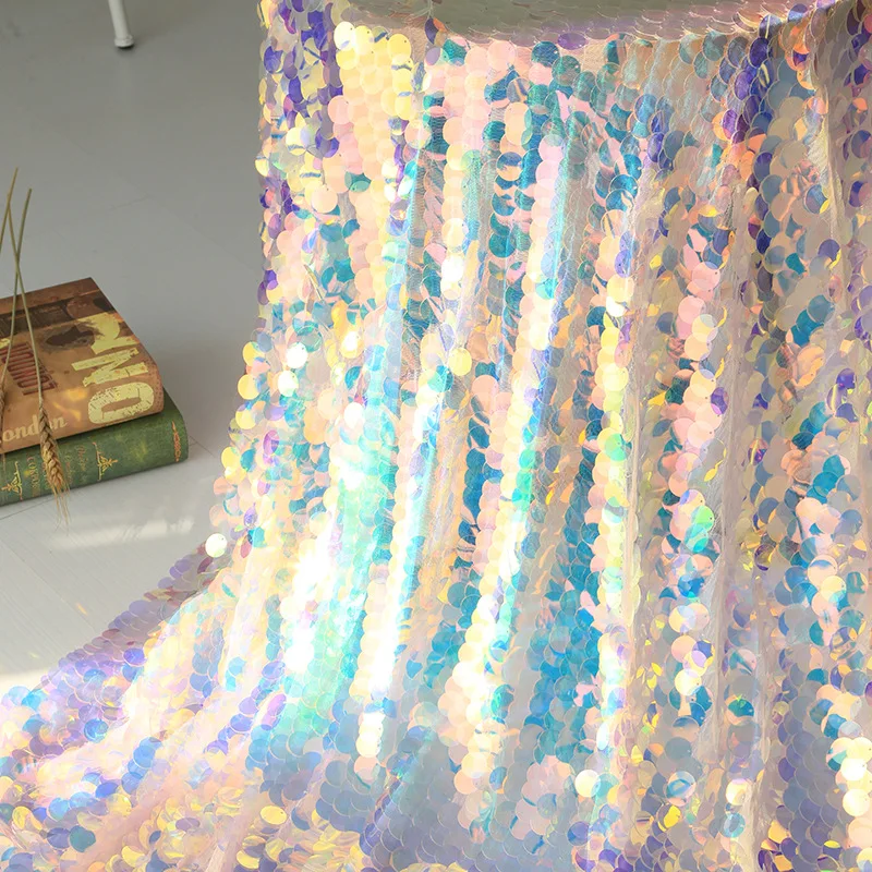 Wholesale Fish Scale Reversible Glitter Polyester Transparent Colorful 18mm Large Sequin Fabric