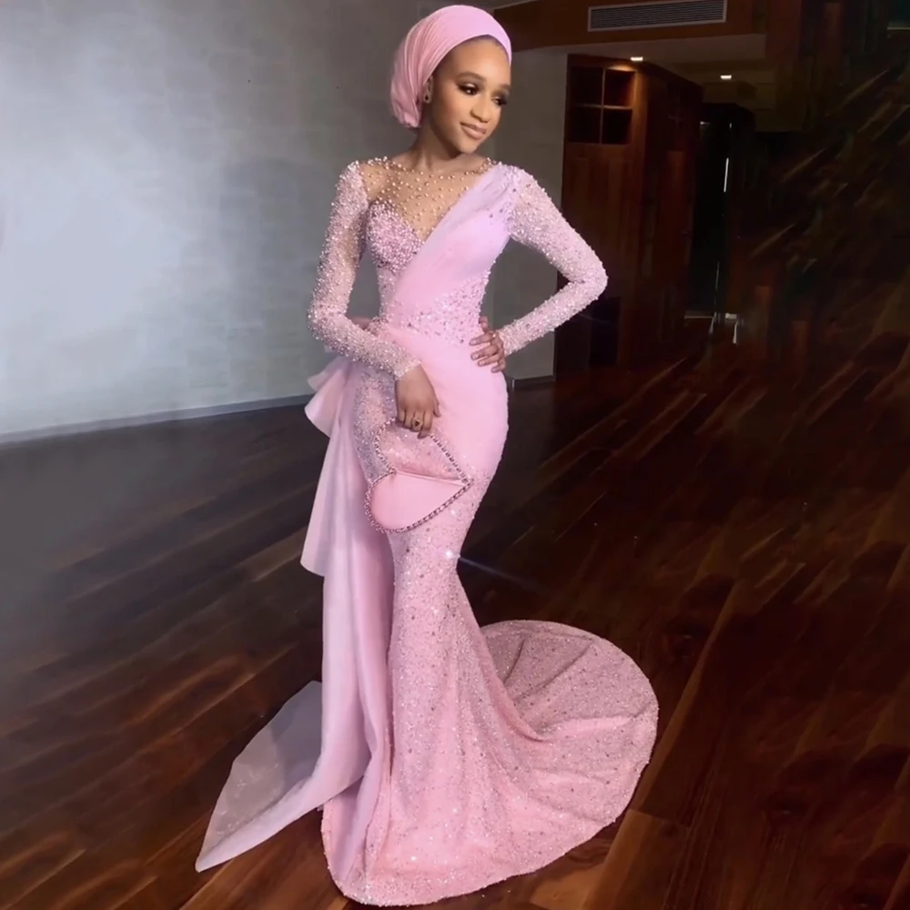 Pink Mermaid Long Sleeves Elegant Evening Party Dresses Serene Hill LA71746 Formal Event Gowns For Women