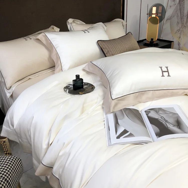 Embroidery tencel bed linen customized solid colors bedding set