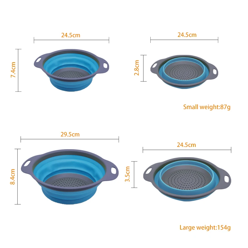Hot sale 2 size kitchen strainer foldable wash colander round silicone vegetable drain basket