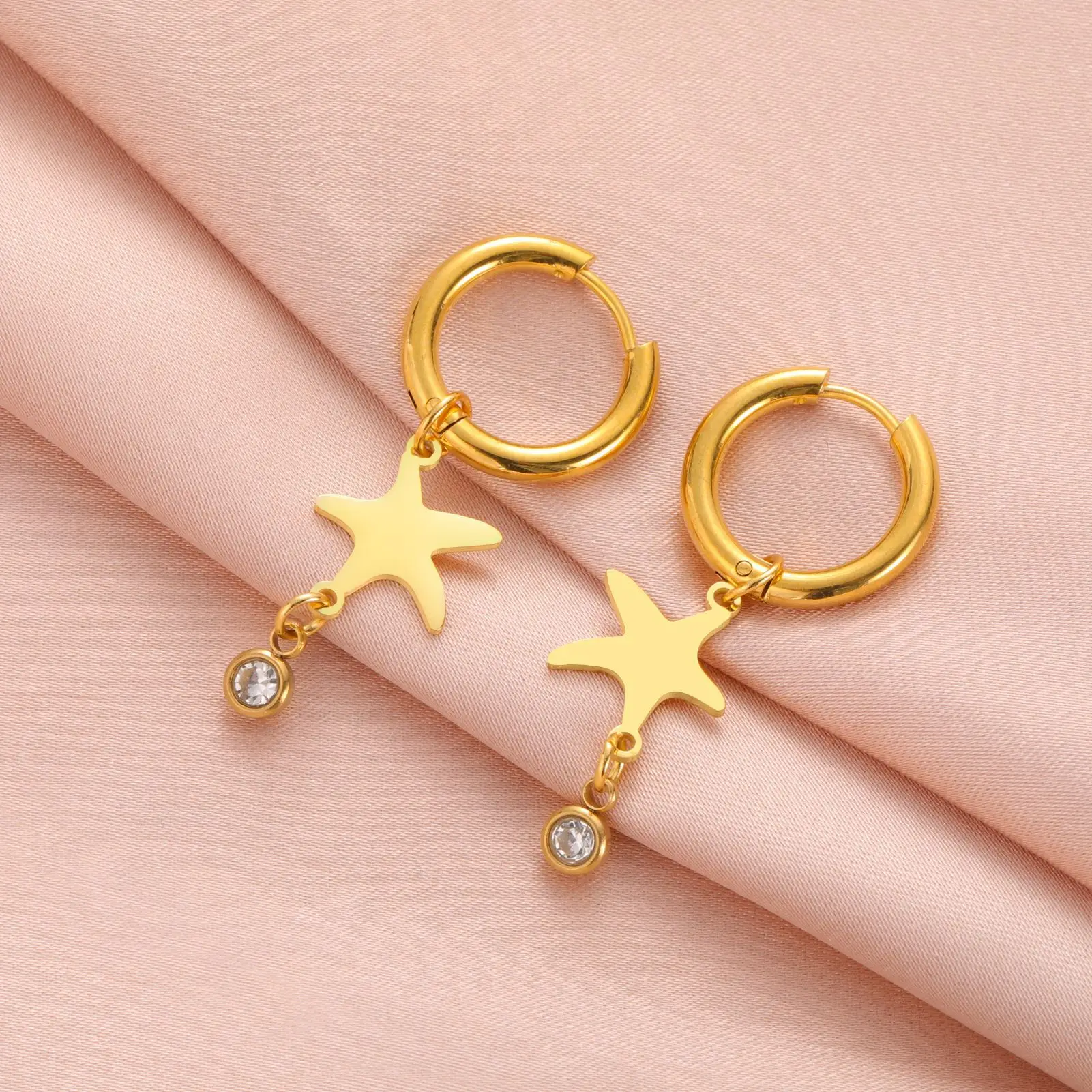 Shining Zircon Star Dangle Drop Earrings For Women Fashion Cute Hoop Earrings Stainless Steel Jewelry Gift