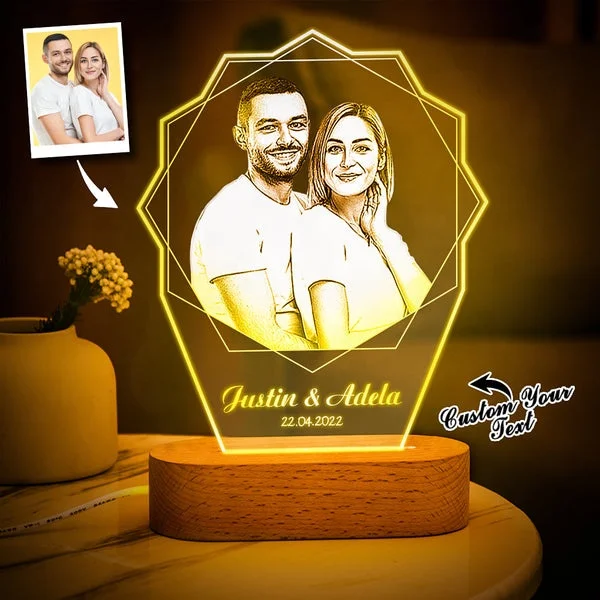 Custom Photo Double Hexagon Change 7 Color Lamp Personalized Acrylic Carving Plaque Coloured Led Acrylic Night Light Wooden Base
