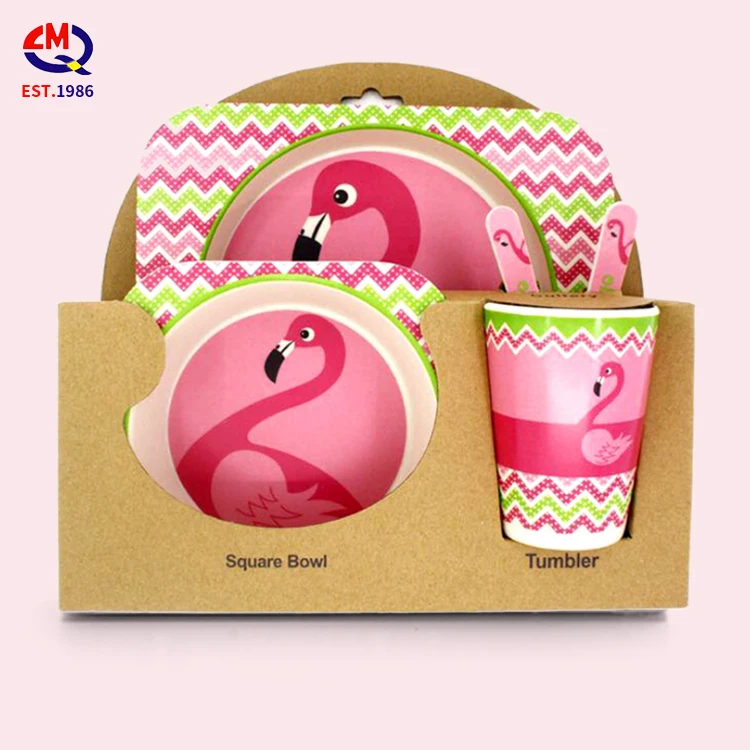 Eco friendly children tableware 5pcs healthy dinner set adorable children bamboo fiber biodegradable tableware kid set for kids