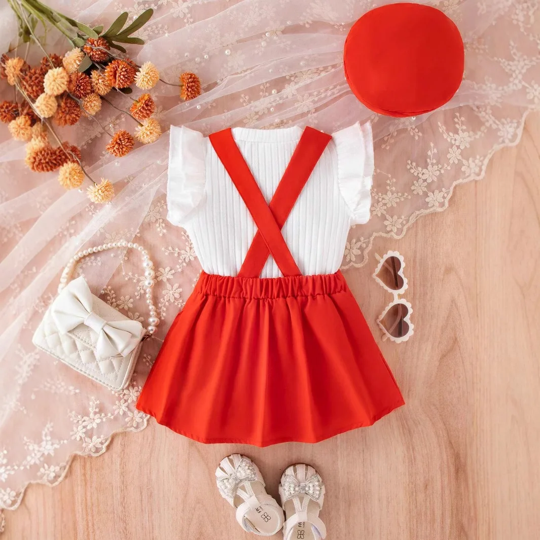 New style girls pit stripe solid color small flying sleeve vest top pleated suspender skirt hat suit