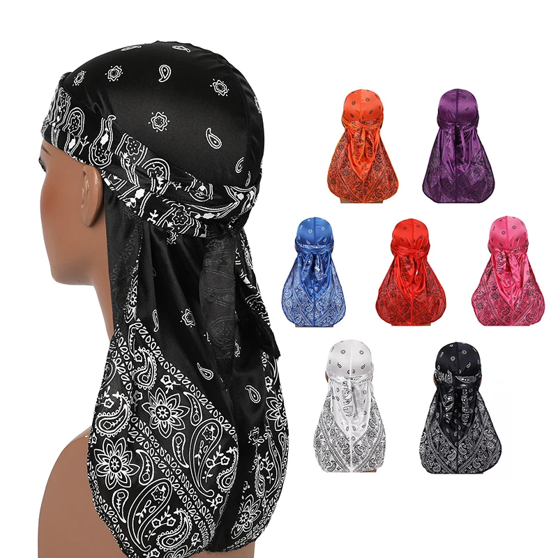 
2020 Unisex Men Silk Durag Custom Print Soft Bandana Turban Hair Accessories Women Hip Hop Long Tail Straps Do Silky Durags 
