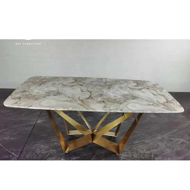 modern dining room fancy unique luxury gold stainless steel metal crossed leg stone marble dining table 8 seater