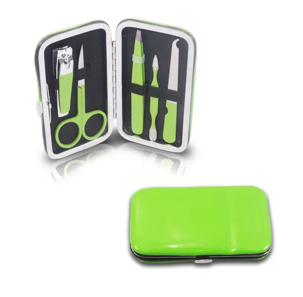 Mini 5Pcs Stainless Steel Rubber Green Nail Care Tools Kit Manicure Pedicure Metal Nail Art Gift Kit Case