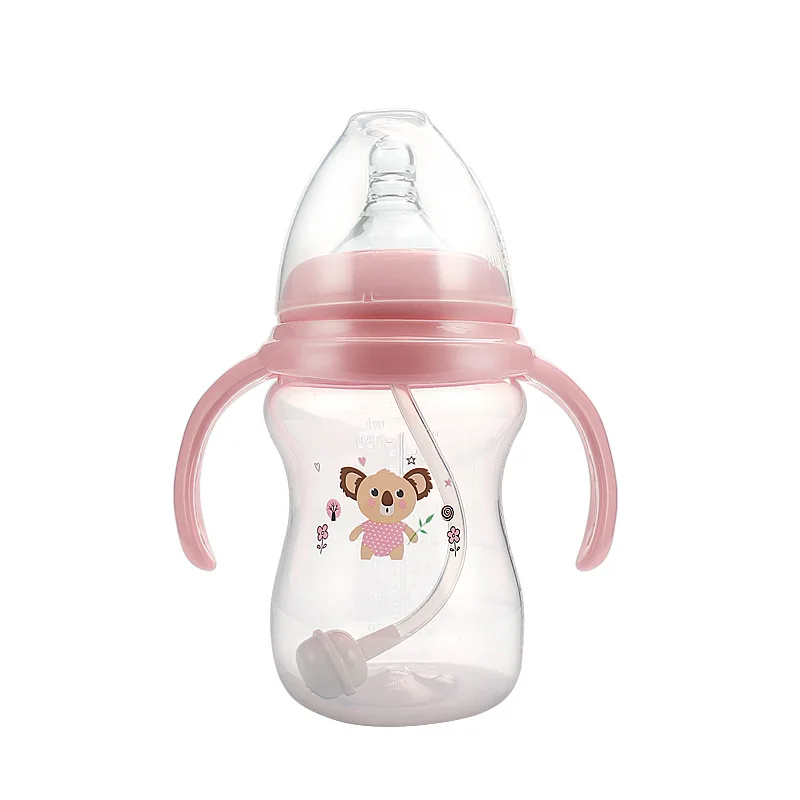 PP Portable Cartoon Baby Bottle with Handle, Wide Mouth Bottle, Anti Drop and Anti Choking Creative Small Bottle