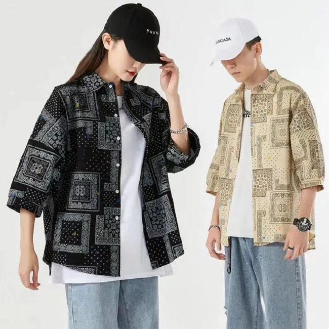 Fashion Japan Style Men Patchwork Streetwear Bandana Print Black and White Women And  Men Oversized Long Sleeve Shirts