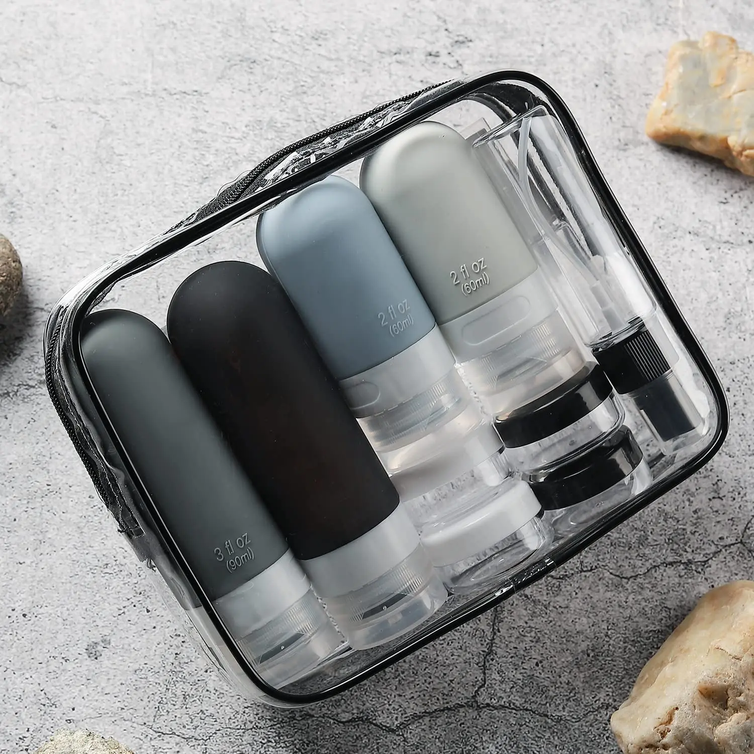 Silicone Travel Bottles Set - TSA Approved Leak Proof Silicone Squeezable Containers for Toiletries Toner makeup liquid black