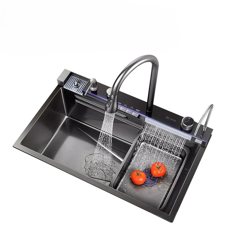 Digital display rain sink 304 stainless steel kitchen sink honeycomb embossed large sink pull out kitchen faucet