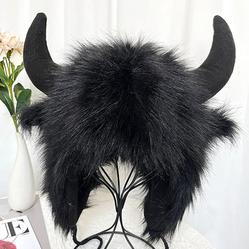 Fluffy Faux Fur Bull Horn Ear Protection Hat Role Play Party  Funny Cow Horn Warm Thick Ski Animal  Winter Cap
