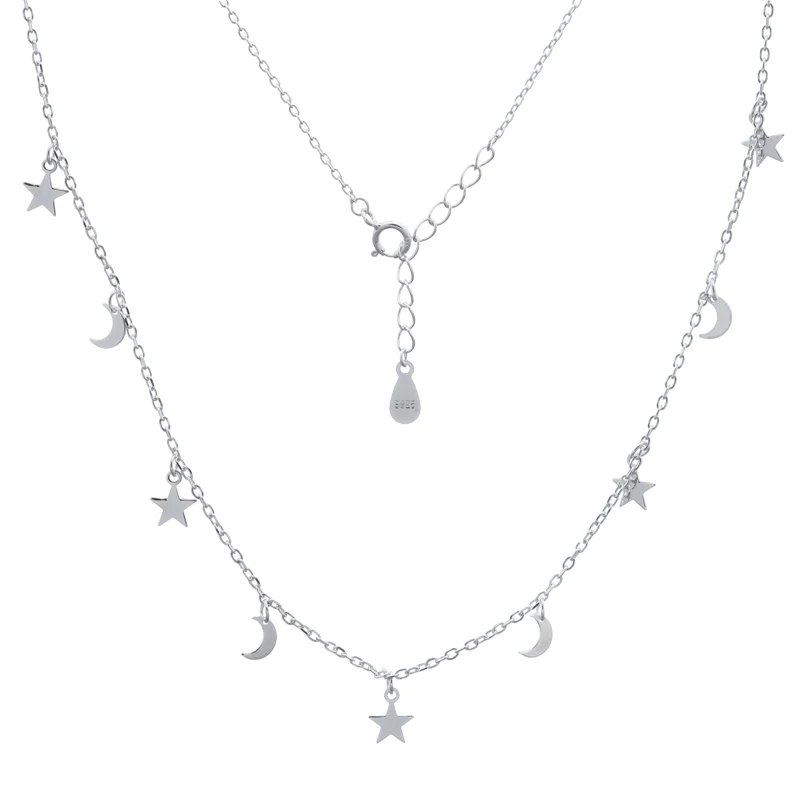 Moons And Stars Alternating Silver Plated 925 Silver Chain Necklace Wholesale Silver Jewelry
