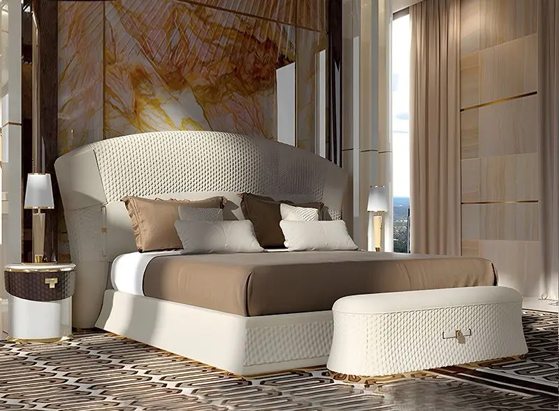 Furnistyle Luxury Big Headboard Double King Size Bed With Pu Leather Modern Style Soft Leather Storage Bed